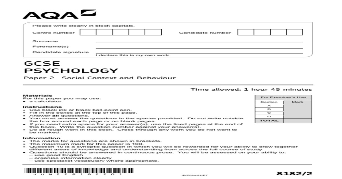 AQA GCSE Psychology Paper 2 Social Context and Behaviour 8182-2 Exam Questions with Complete Answers (2).