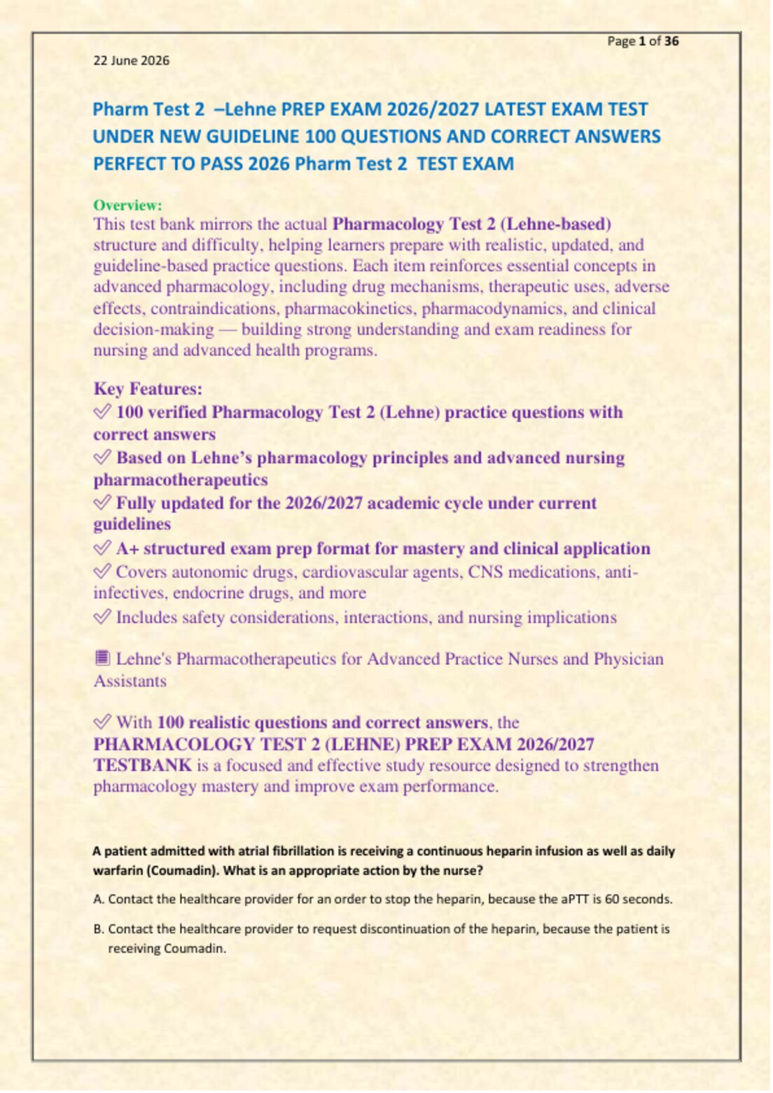 Pharm Test 2  –Lehne PREP EXAM 2026/2027 LATEST EXAM TEST   UNDER NEW GUIDELINE 100 QUESTIONS AND CORRECT ANSWERS  PERFECT TO PASS 2026 Pharm Test 2  TEST EXAM preview