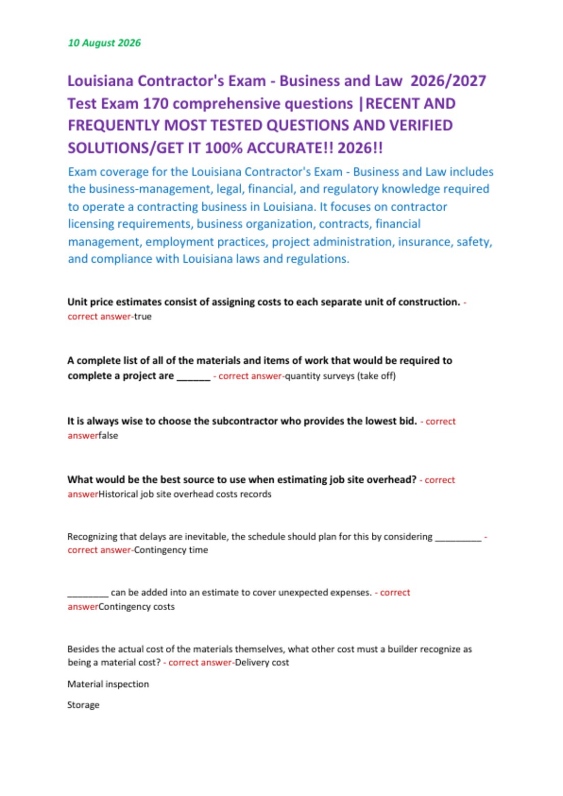 Louisiana Contractor's Exam - Business and Law  2026/2027   Test Exam 170 comprehensive questions |RECENT AND  FREQUENTLY MOST TESTED QUESTIONS AND VERIFIED  SOLUTIONS/GET IT 100% ACCURATE!! 2026!!