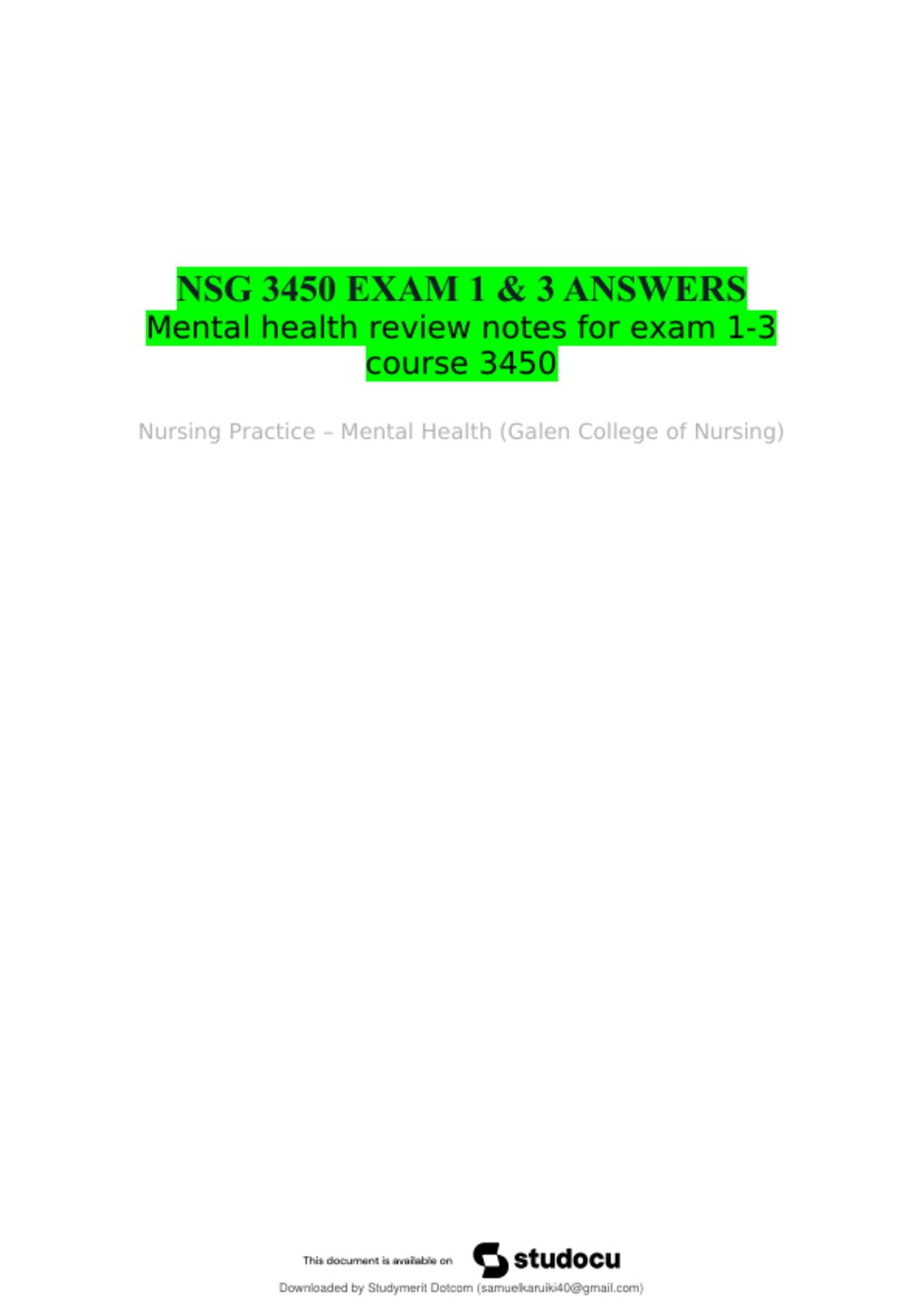 NSG 3450 Mental Health Exam 1 preview