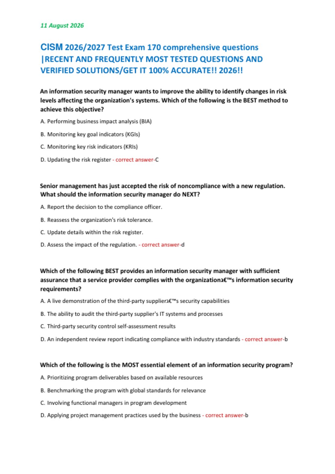 CISM 2026/2027 Test Exam 170 comprehensive questions  |RECENT AND FREQUENTLY MOST TESTED QUESTIONS AND  VERIFIED SOLUTIONS/GET IT 100% ACCURATE!! 2026!!