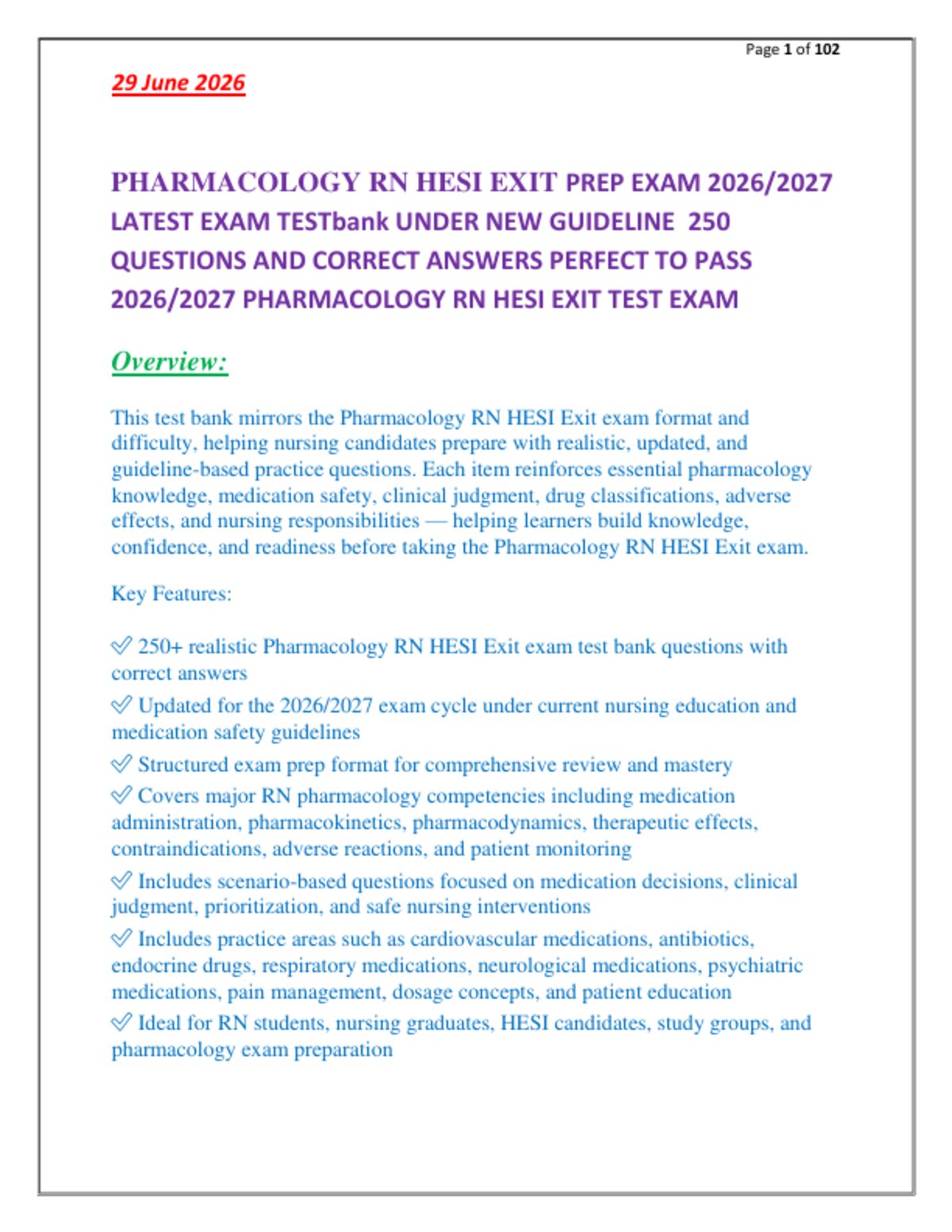 PHARMACOLOGY RN HESI EXIT PREP EXAM 2026/2027   LATEST EXAM TESTbank UNDER NEW GUIDELINE  250   QUESTIONS AND CORRECT ANSWERS PERFECT TO PASS   2026/2027 PHARMACOLOGY RN HESI EXIT TEST EXAM
