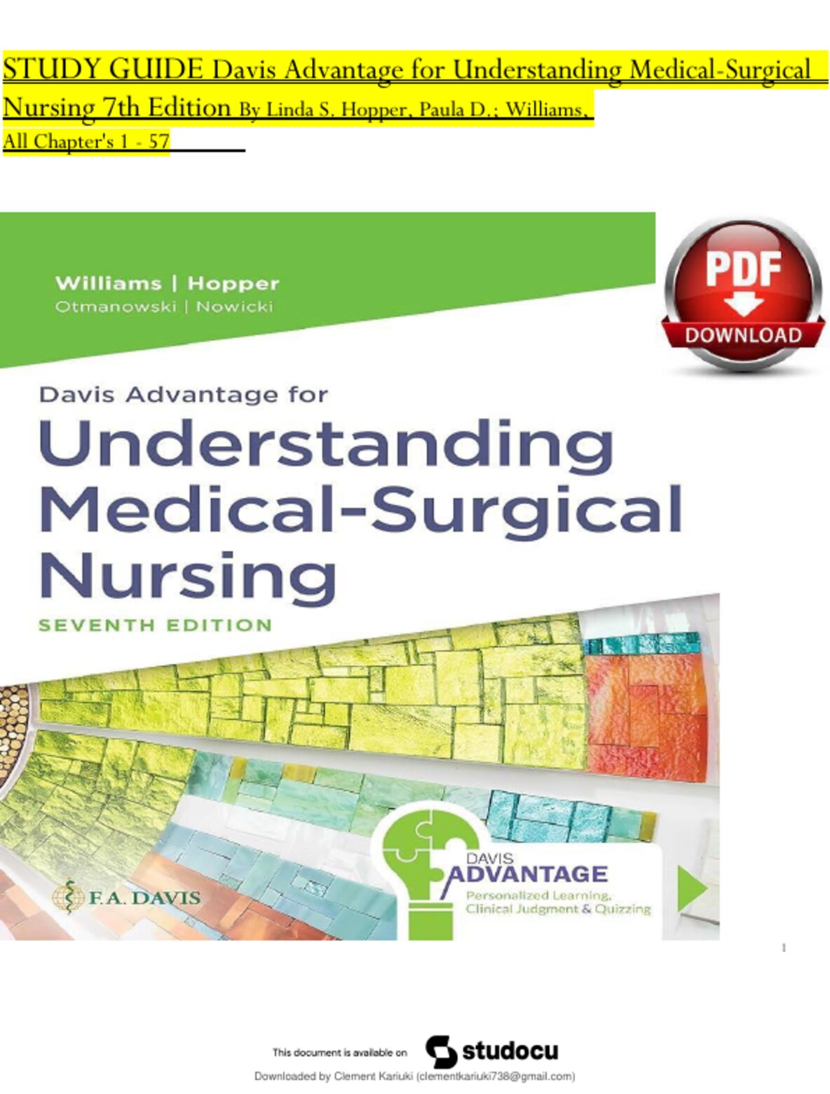 Test Bank for Davis Advantage for Understanding Medical-Surgical Nursing Seventh Edition by Paula D. Williams and Linda S. Hopper preview