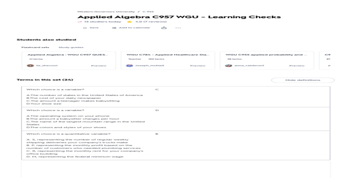 WGU C957 Applied Algebra OA Exam 2026– Actual Exam Questions with Correct Answers and Complete Study Guide