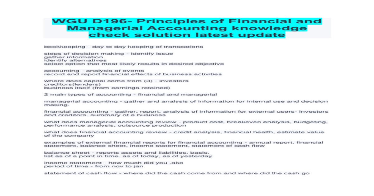 Wgu d196 principles of financial and managerial accounting knowledge check solution latest update