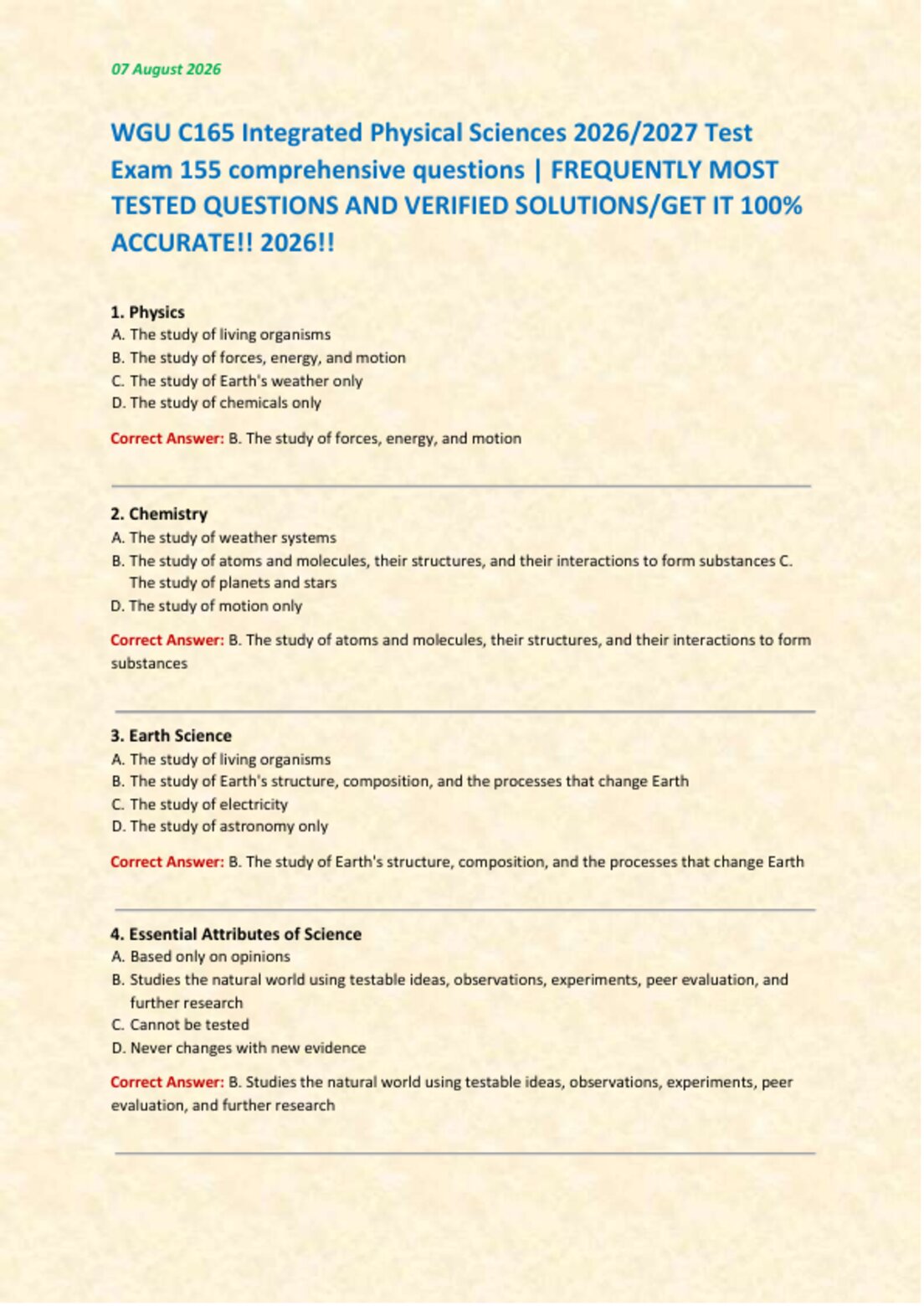 WGU C165 Integrated Physical Sciences 2026/2027 Test   Exam 155 comprehensive questions | FREQUENTLY MOST  TESTED QUESTIONS AND VERIFIED SOLUTIONS/GET IT 100%  ACCURATE!! 2026!!