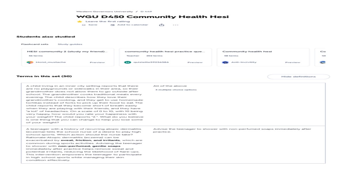 WGU D450 HESI Community Health exam 2026-2027 ALL 250 QUESTIONS AND CORRECT ANSWERS
