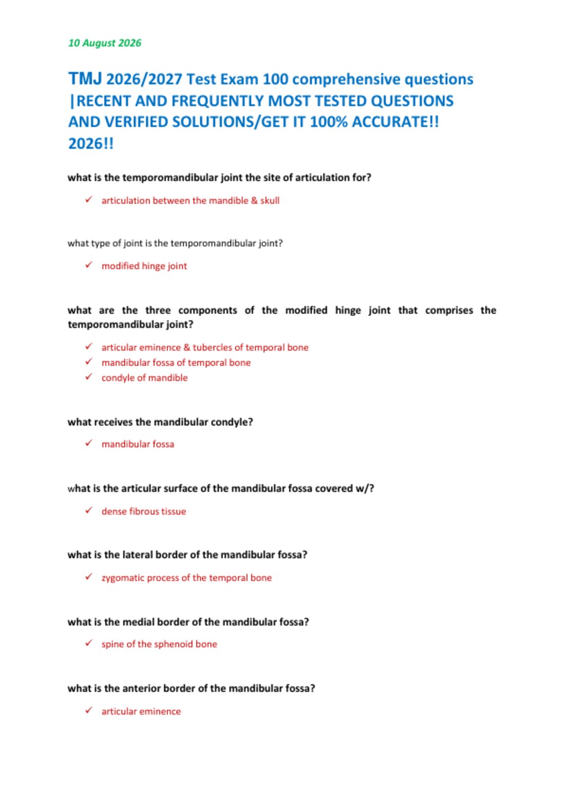 TMJ 2026/2027 Test Exam 100 comprehensive questions  |RECENT AND FREQUENTLY MOST TESTED QUESTIONS  AND VERIFIED SOLUTIONS/GET IT 100% ACCURATE!!  2026!!