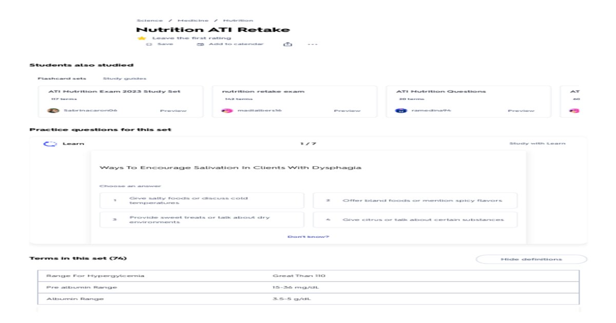 ATI Nutrition Retake Exam 2026 | Verified Q&A | Rasmussen College | Guaranteed
