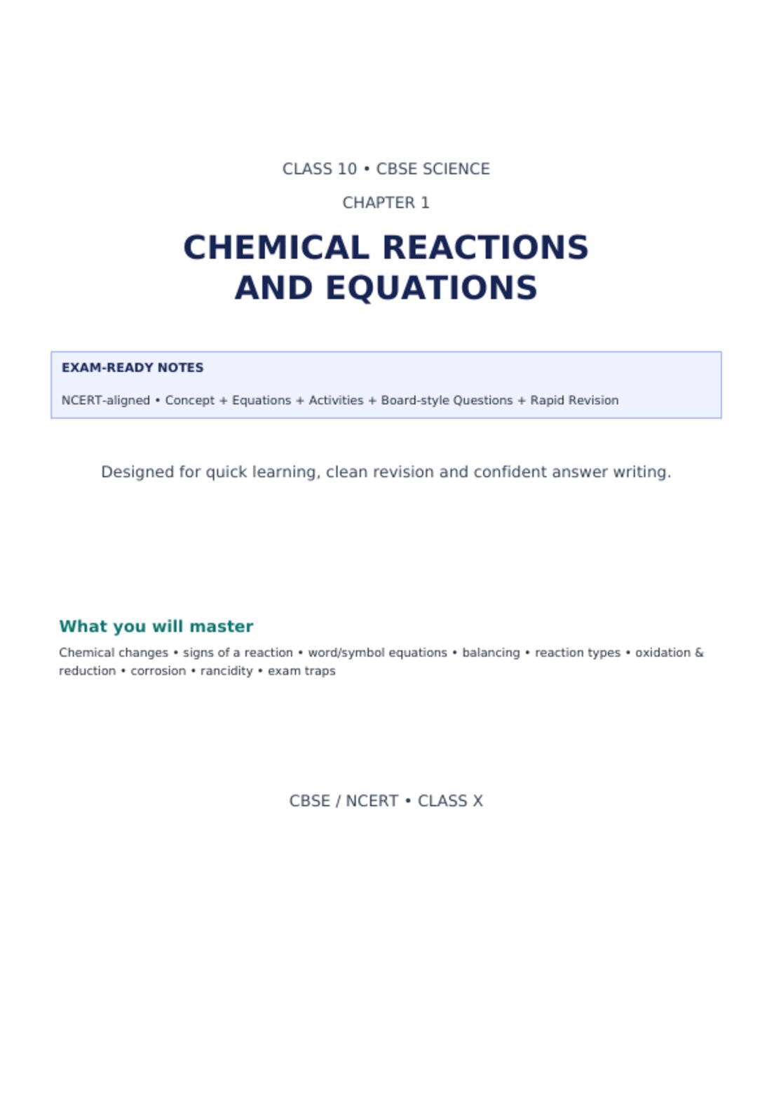 CBSE Class 10 Science Ch 1: Chemical Reactions & Equations