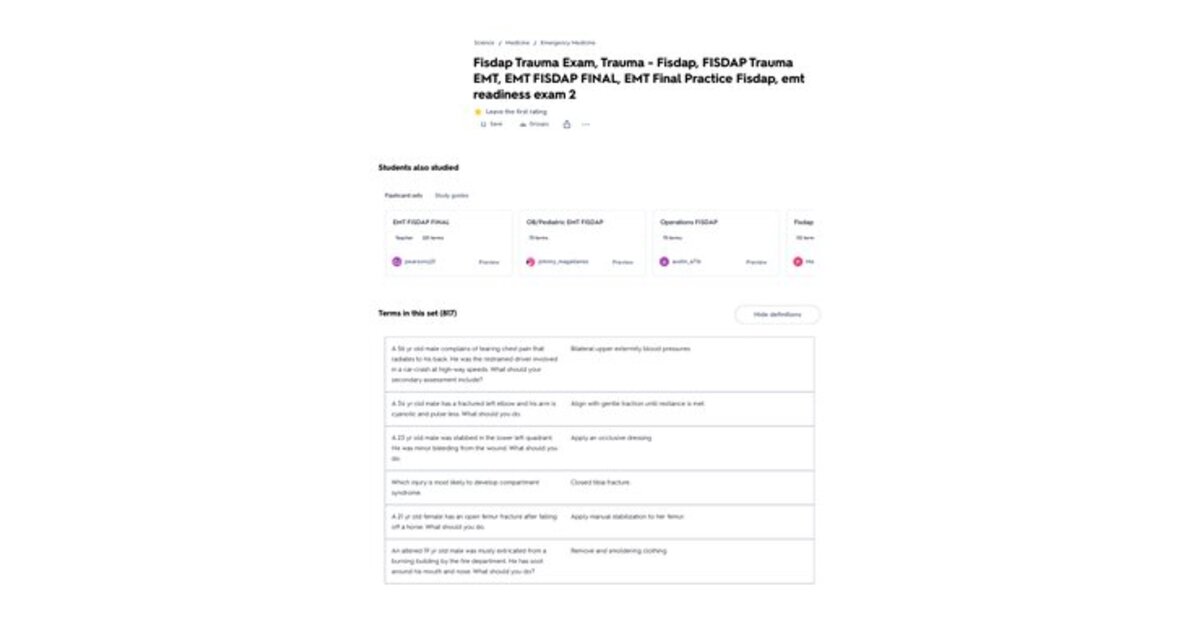 EMT FISDAP READINESS EXAM 4 QUESTIONS AND ANSWERS FULLY VERIFIED 2026 2027 ACTUAL UPDATED REAL EXA